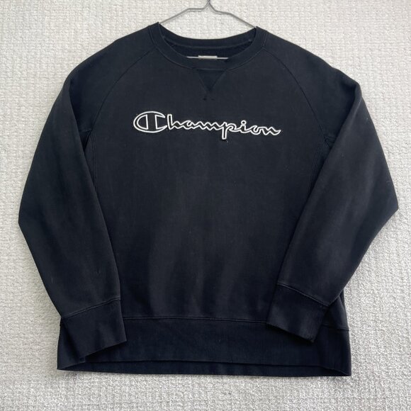 Champion Sweatshirt Men L Black White Crew Neck Sweater Script Spell Out - Picture 1 of 13
